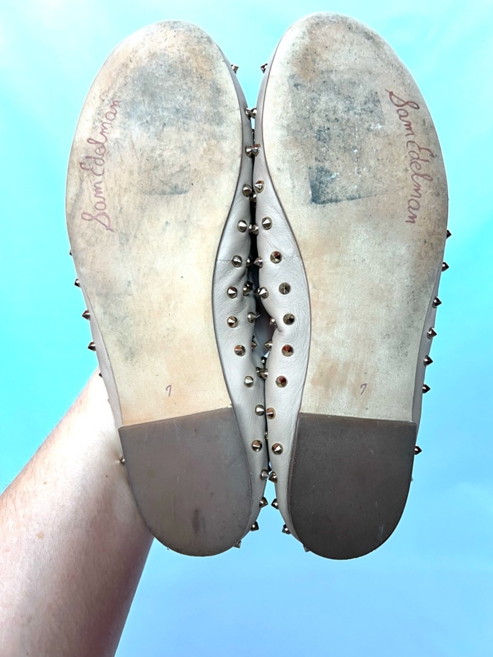 Sam Edelman Studded Ballet Flats Nude Tan Leather Size 7 Rockstud Style - Picture 6 of 6